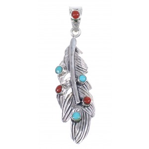 Sterling Silver Turquoise Coral Feather Southwestern Pendant QX70362