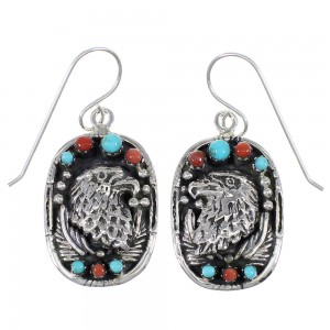Sterling Silver Turquoise And Coral Southwestern Eagle Hook Dangle Earrings YX68061