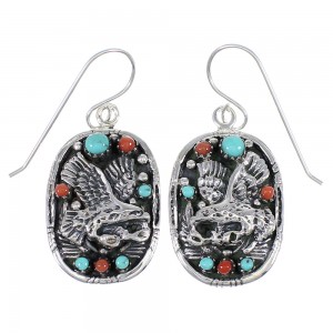 Sterling Silver Turquoise And Coral Southwest Eagle Hook Dangle Earrings YX68063