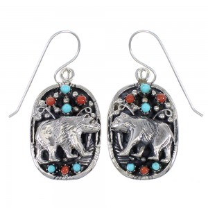 Sterling Silver Turquoise And Coral Southwest Bear Hook Dangle Earrings YX68070