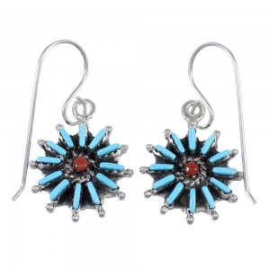 Sterling Silver Turquoise And Coral Southwest Needlepoint Hook Dangle Earrings YX68073