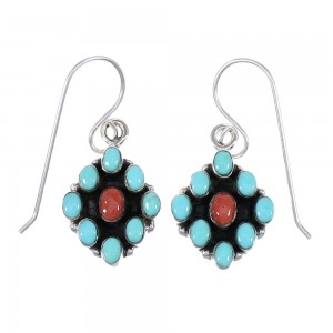 Sterling Silver Turquoise And Coral Southwestern Hook Dangle Earrings YX68113