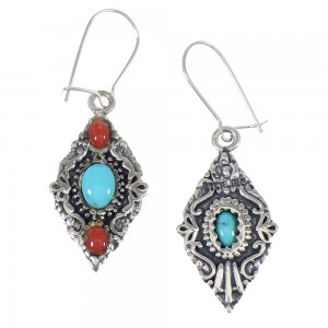 Sterling Silver Turquoise And Coral Southwest Reversible Hook Dangle Earrings YX68130