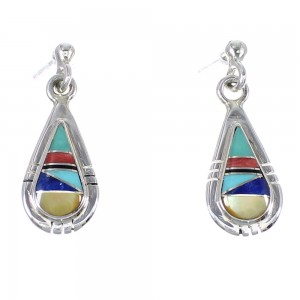 Authentic Sterling Silver Southwest Multicolor Inlay Tear Drop Post Dangle Earrings QX72131