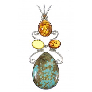 Sterling Silver #8 Turquoise Amber Southwest Pendant YX77179