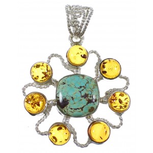 #8 Turquoise And Amber Southwestern Authentic Sterling Silver Pendant QX74116