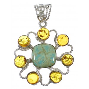#8 Turquoise And Amber Southwest Genuine Sterling Silver Pendant QX74117