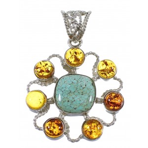 Authentic Sterling Silver Southwestern #8 Turquoise And Amber Pendant QX74154