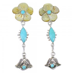 Southwest Turquoise And Yellow Mother Of Pearl Flower Silver Post Dangle Earrings WX76314
