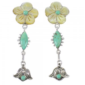 Turquoise And Yellow Mother Of Pearl Flower Silver Southwest Post Dangle Earrings WX76327