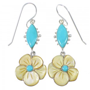 Southwestern Yellow Mother Of Pearl  And Turquoise Flower Silver Hook Dangle Earrings WX76380