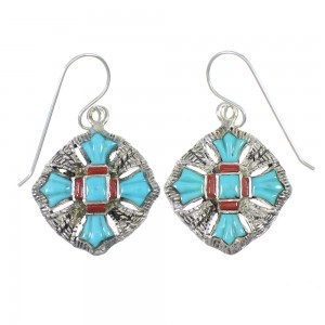 Turquoise And Coral Sterling Silver Southwest Hook Dangle Earrings WX76411