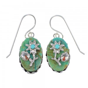 Southwest Turquoise Coral Sterling Silver Flower And Lady Bug Hook Dangle Earrings WX76568
