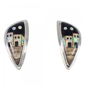 Native American Pueblo Design Multicolor Inlay Sterling Silver Post Earrings QX76794