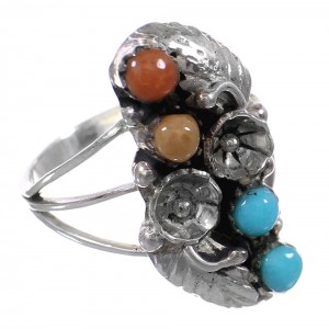 Coral And Turquoise Silver Flower Ring Size 5-3/4 AX81956