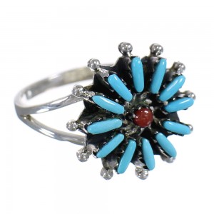 Genuine Sterling Silver Turquoise Coral Needlepoint Ring Size 7-1/2 UX84447