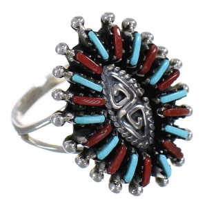 Southwestern Coral And Turquoise Silver Water Wave Ring Size 5-1/2 AX88961