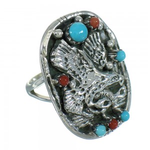 Authentic Sterling Silver Eagle Turquoise Coral Ring Size 4-1/2 RX84269