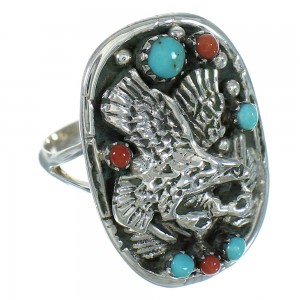 Turquoise Coral Eagle Genuine Sterling Silver Ring Size 7-3/4 RX84831