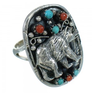 Genuine Sterling Silver Turquoise Coral Bear Southwest Ring Size 4-3/4 RX84846