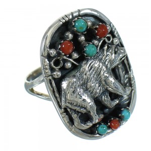 Sterling Silver Turquoise And Coral Southwest Bear Ring Size 7-1/4 RX84881