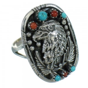 Southwestern Turquoise Coral Sterling Siilver Eagle Ring Size 7-3/4 RX84904