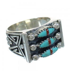 Turquoise And Coral Needlepoint Sterling Silver Ring Size 4-3/4 FX91987