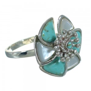 Turquoise And Mother Of Pearl Silver Flower Ring Size 8-1/2 AX87539