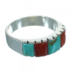Coral And Turquoise Inlay Authentic Sterling Silver Ring Size 6-1/2 AX87574