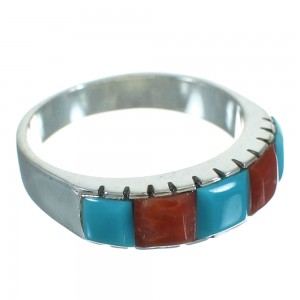 Turquoise And Coral Genuine Sterling Silver Ring Size 7-1/4 AX87592