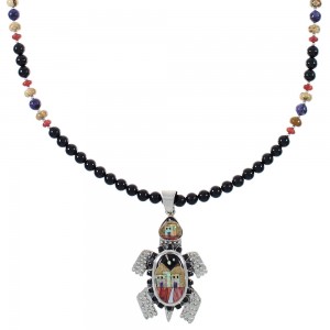 Multicolor Sterling Silver Native American Village Design Turtle Necklace Set AX93906