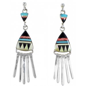 Southwestern Multicolor Inlay Silver Post Dangle Earrings YS59989