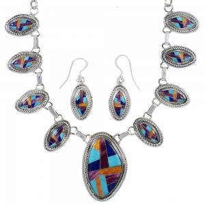 Sterling Silver Multicolor Inlay Link Necklace Earrings Set PS71234