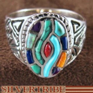 Sterling Silver Jewelry And Multicolor Inlay Ring Size 7-3/4 AS51890