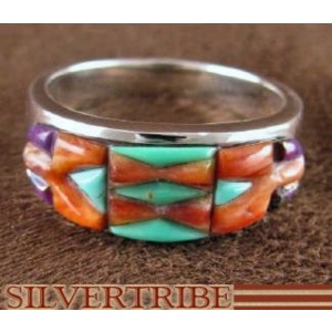 Sterling Silver Turquoise Multicolor Inlay Ring Size 6-1/2 DS38026