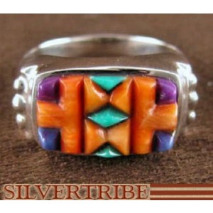 Turquoise And Multicolor Inlay Silver Ring Size 7-3/4 NS38660