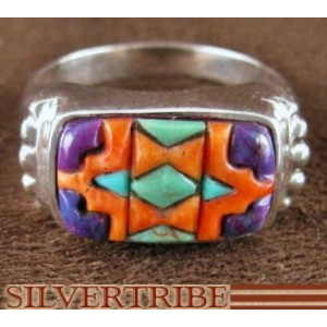 Sterling Silver Turquoise Multicolor Inlay Ring Size 6-3/4 NS38663