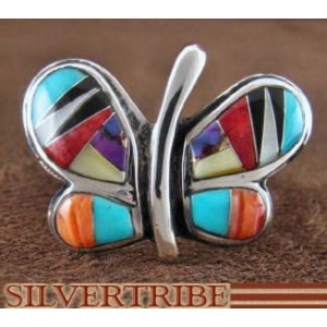 Multicolor Inlay Sterling Silver Butterfly Ring Size 6-3/4 AS42948