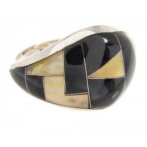 Yellow Mother Of Pearl Black Jade Silver Ring Size 7-3/4 EX22478