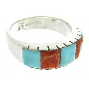 Silver Apple Coral Turquoise Inlay Ring Size 6-3/4 AW63698