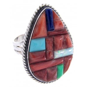 Southwestern Sterling Silver Multicolor Inlay Ring Size 7-3/4 AW68953
