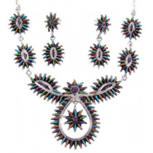 Sterling Silver Multicolor Jewelry Link Necklace Earrings Set MW66988
