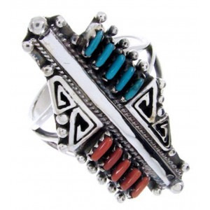 Sterling Silver Turquoise Coral Needlepoint Ring Size 7-3/4 BW68033