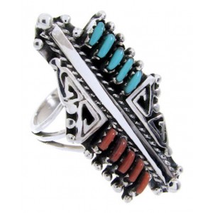 Turquoise And Coral Needlepoint Silver Ring Size 5-1/2 BW68083