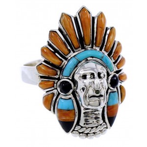 Multicolor Inlay Silver Chief Head Ring Size 8-1/4 NS43165