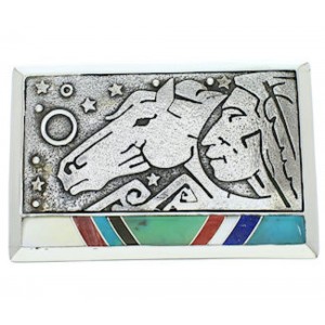 Southwest Multicolor Chief Head Horse Silver Belt Buckle AW75363