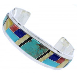 Multicolor Inlay Southwest Sterling Silver Cuff Bracelet EX27768