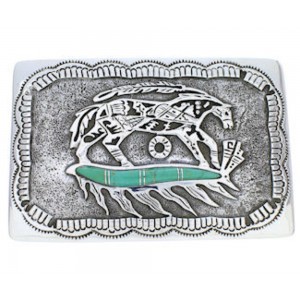 Turquoise Southwest Horse Feather Sterling Silver Belt Buckle EX29157