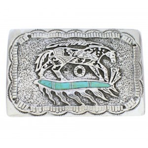 Sterling Silver Turquoise Southwest Horse Feather Belt Buckle EX29158