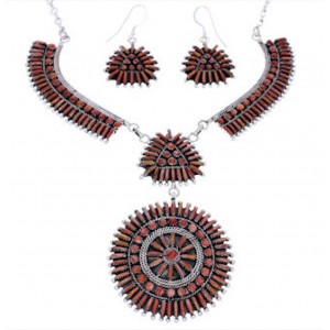 Southwest Jewelry Red Oyster Shell Link Necklace Earrings Set PX35830